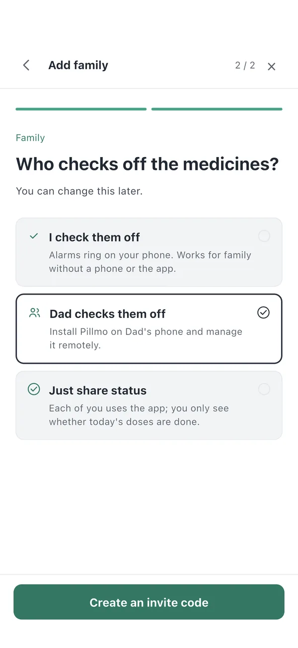 Add family, step 2 of 2. Three cards: I check them off, Dad checks them off, Just share status
