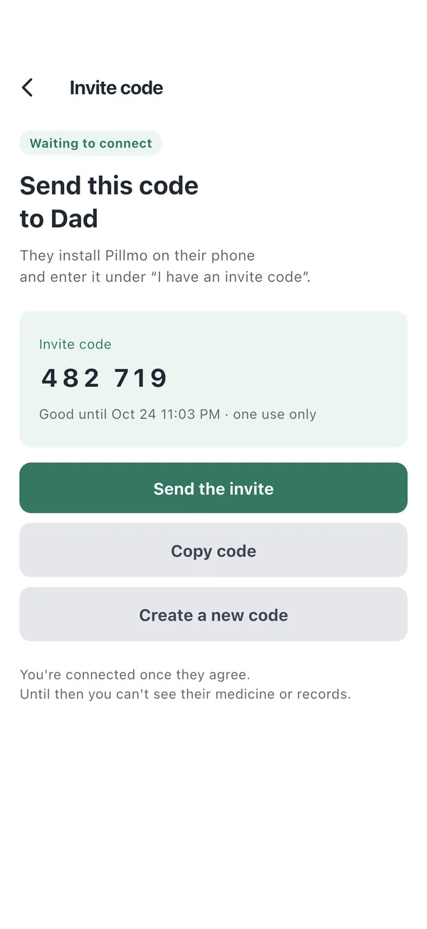 Invite code screen. Send this code to Dad, code 482 719, with Send the invite and Copy code buttons