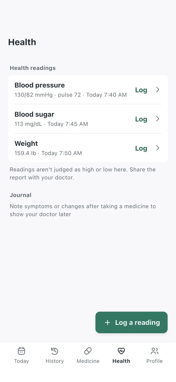 Health tab with the latest blood pressure, blood sugar and weight, and the journal