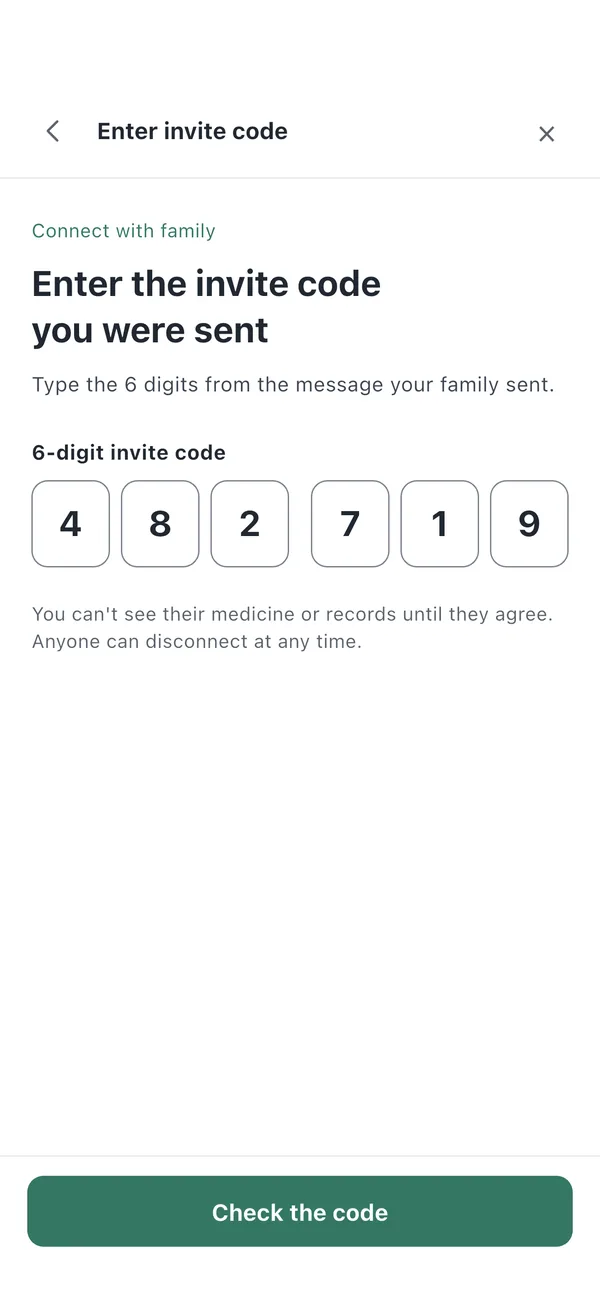 Enter invite code screen with 482719 in six boxes and a Check the code button