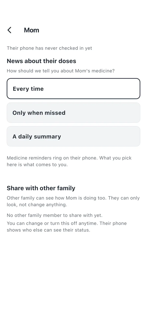 Mom's settings. News about their doses: Every time, Only when missed, A daily summary
