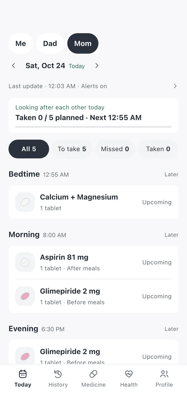 Mom's Today screen with the last update, alerts on, and her medicines for the day