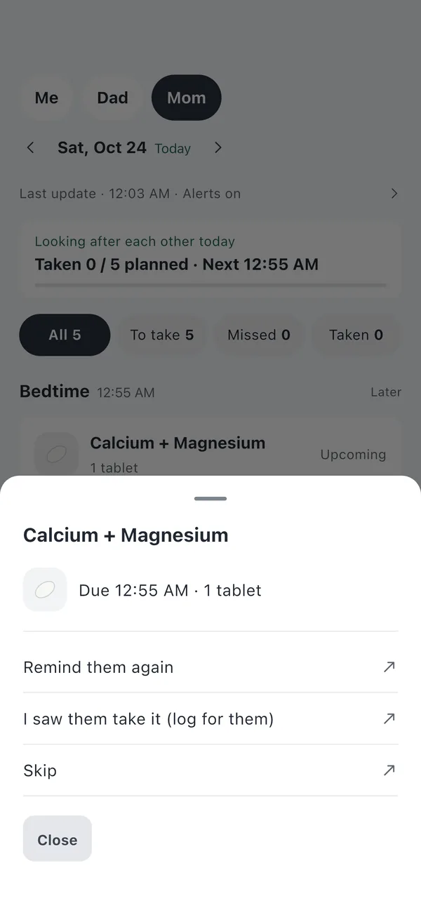 Sheet for Calcium + Magnesium with Remind them again, I saw them take it (log for them) and Skip