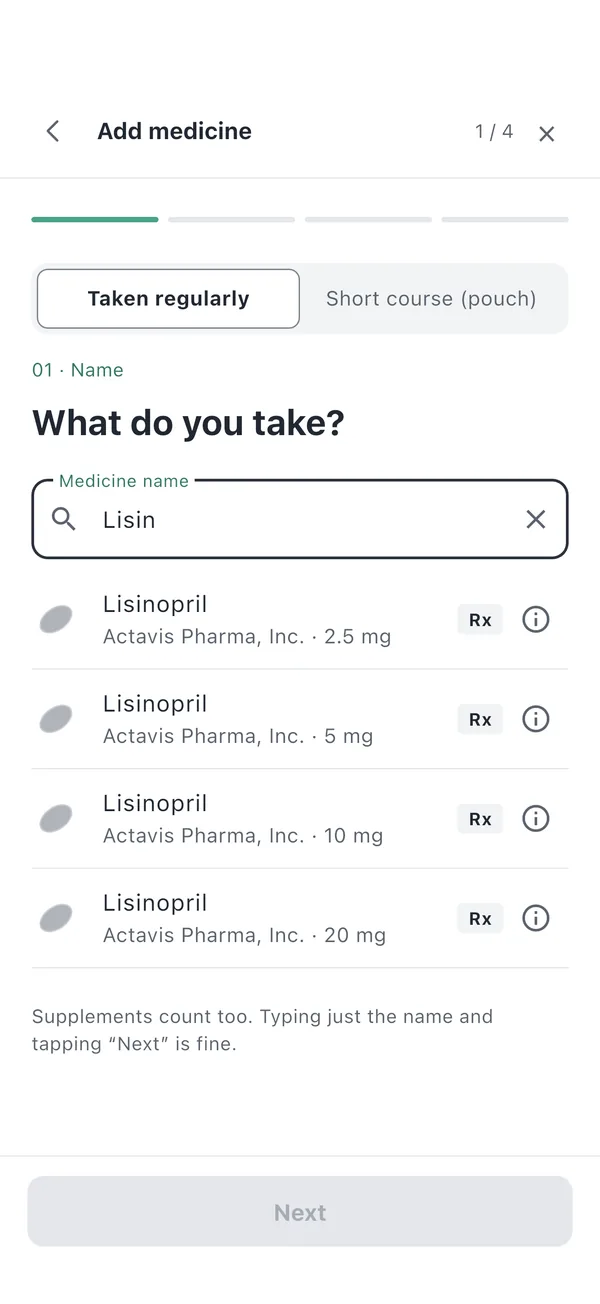 Add medicine screen. Typing Lisin lists Lisinopril in 2.5, 5, 10 and 20 mg