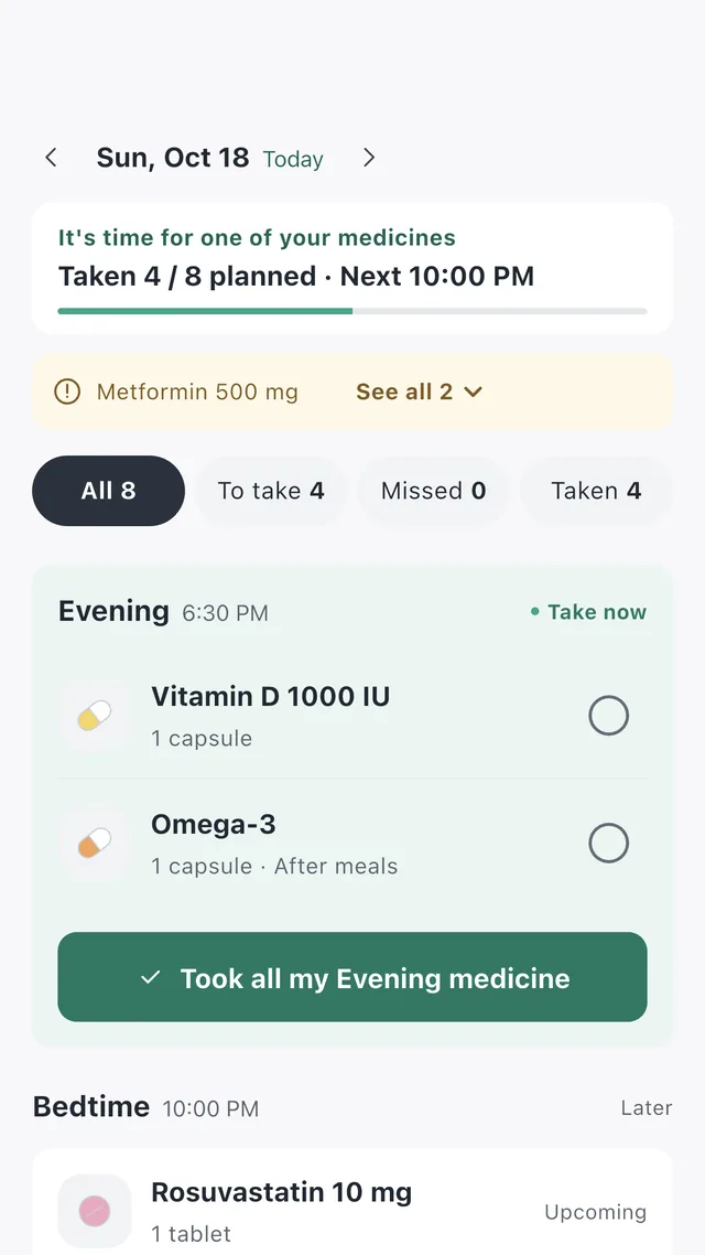 Pillmo Today screen. 4 of 8 planned doses taken, the evening medicines due now, and a Took all my Evening medicine button.