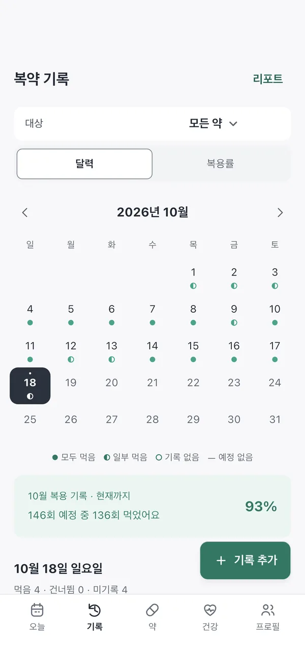 기록 탭 달력. 날짜마다 복용 상태 점과 이달 복용률 93%