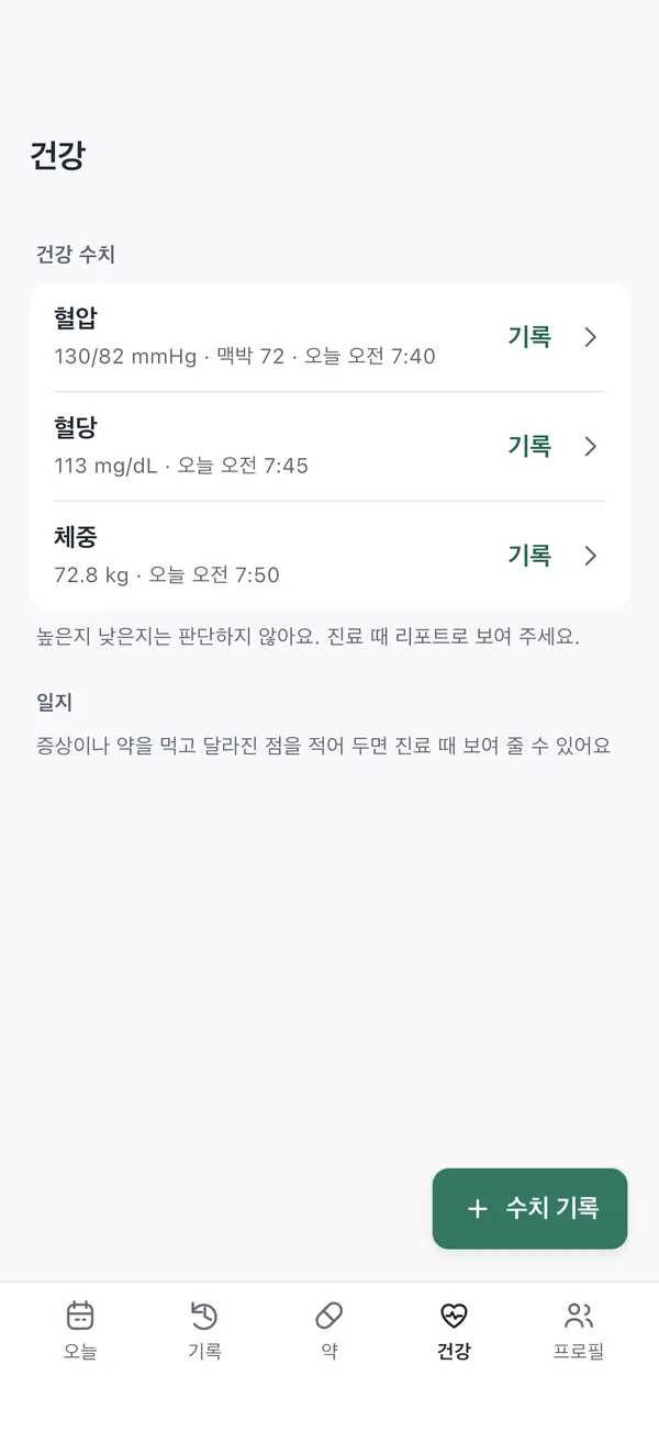 건강 탭. 혈압, 혈당, 체중의 최근 값과 일지