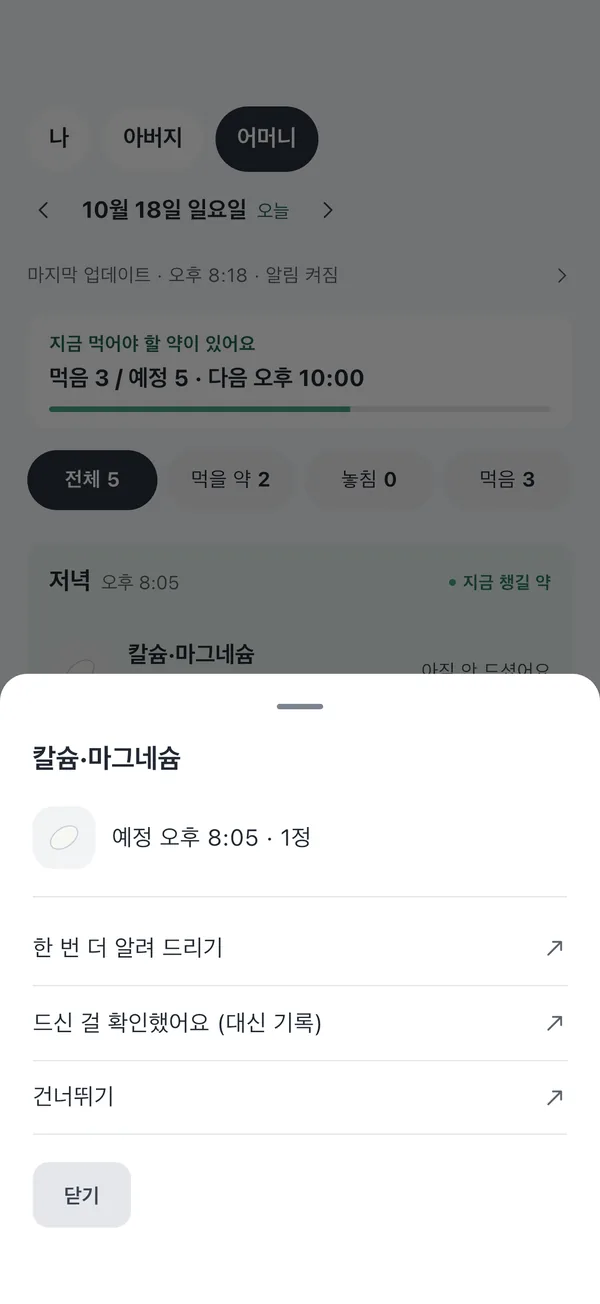 약을 누르면 열리는 창. 한 번 더 알려 드리기, 드신 걸 확인했어요(대신 기록), 건너뛰기