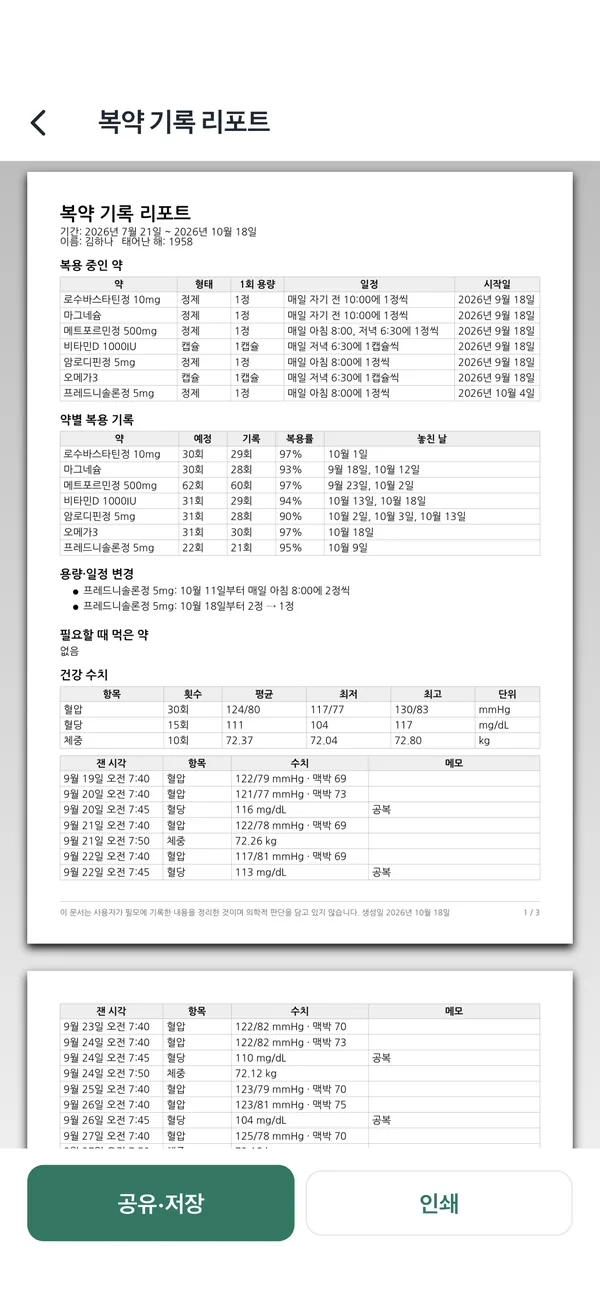복약 기록 리포트 미리보기. 복용 중인 약, 약별 복용 기록, 건강 수치 표
